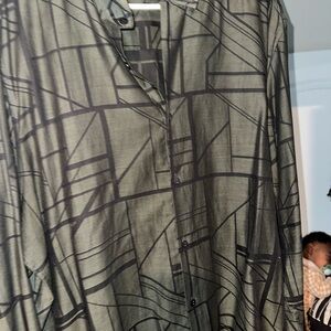 Alfani Olive and Black Geometric Print Button-Up Shirt